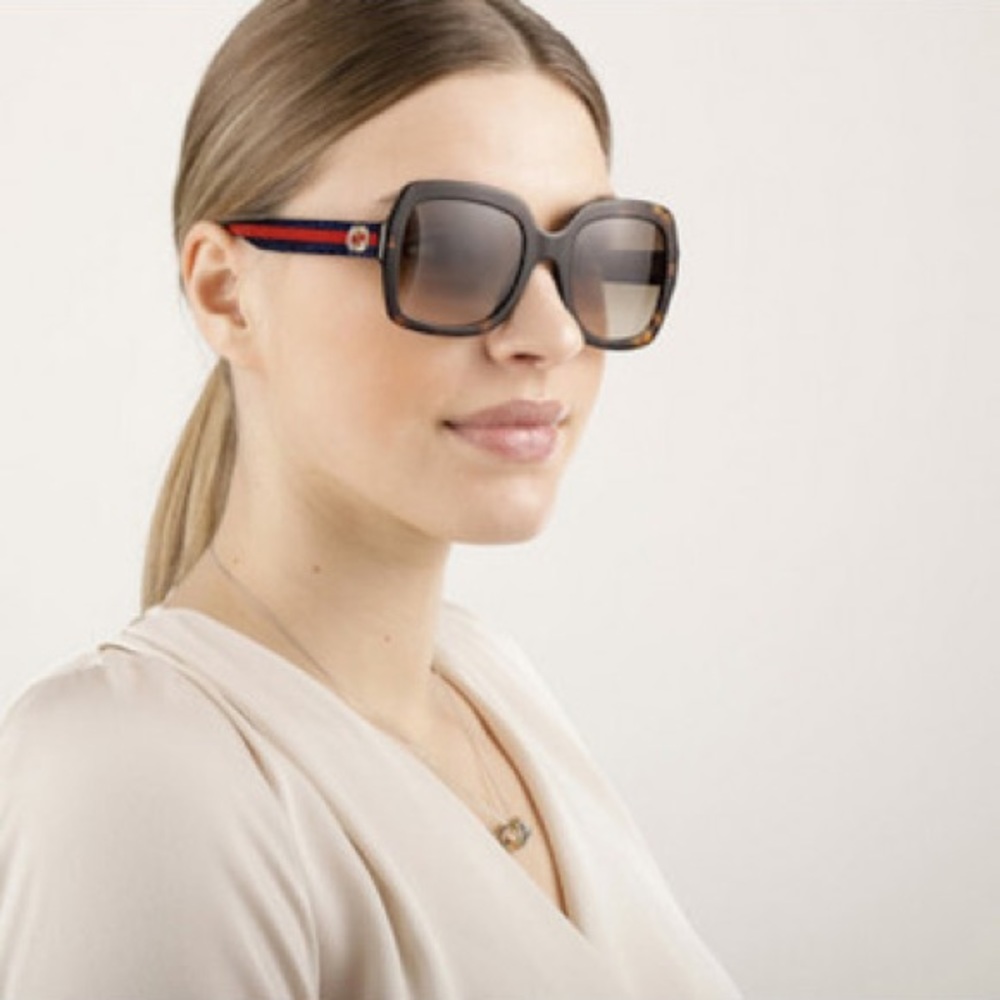 Gucci square Havana sunglasses GG0036S w/ blue sparkle and red stripe logo arms